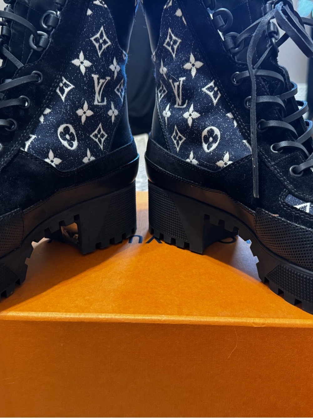 Louis Vuitton Blue and White Monogram Lug Lace-Up Boots. Worn twice - Picture 6 of 8